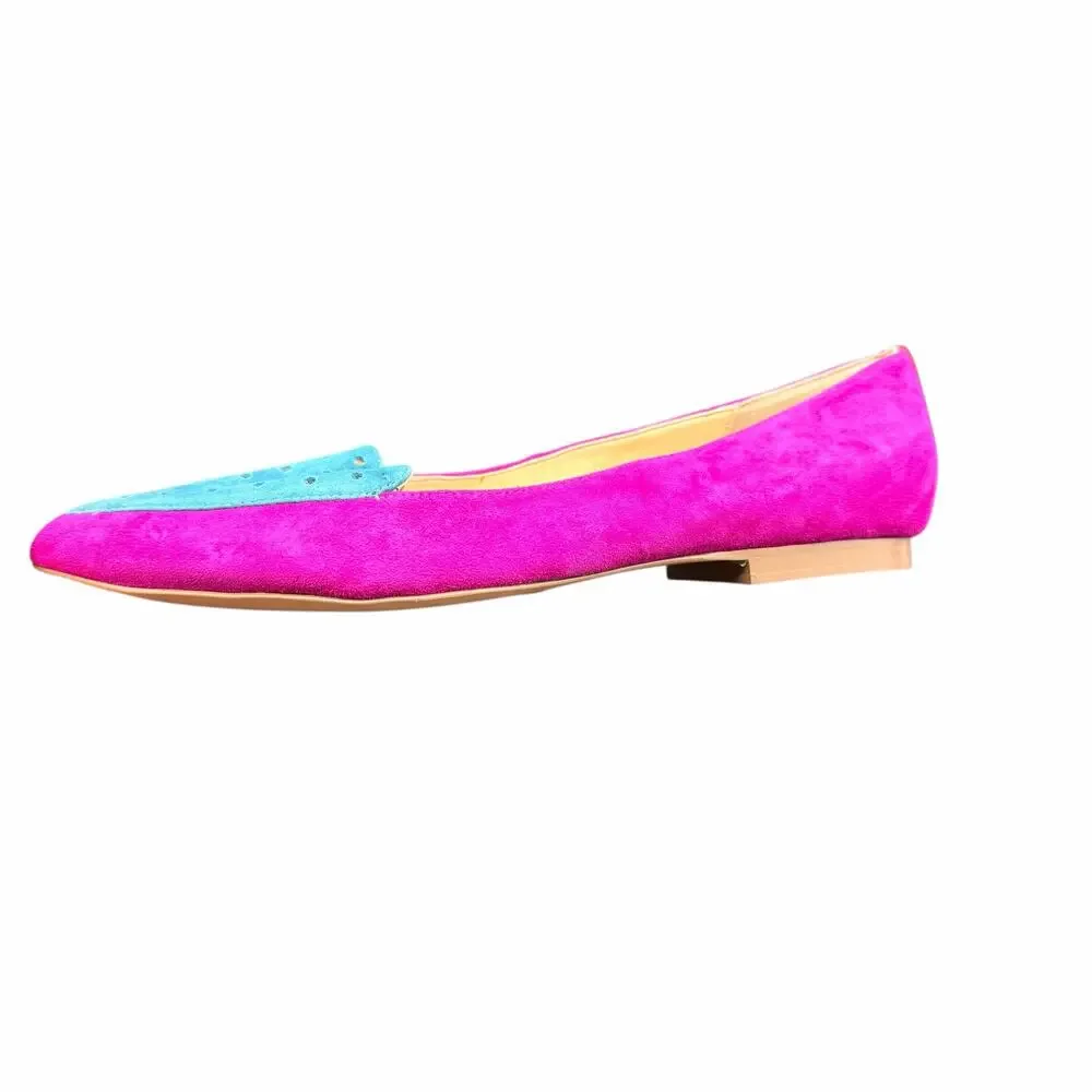 Brian Atwood Suede Flats 9.5 Pink Blue Pointed Toe Colorblock Perforated
